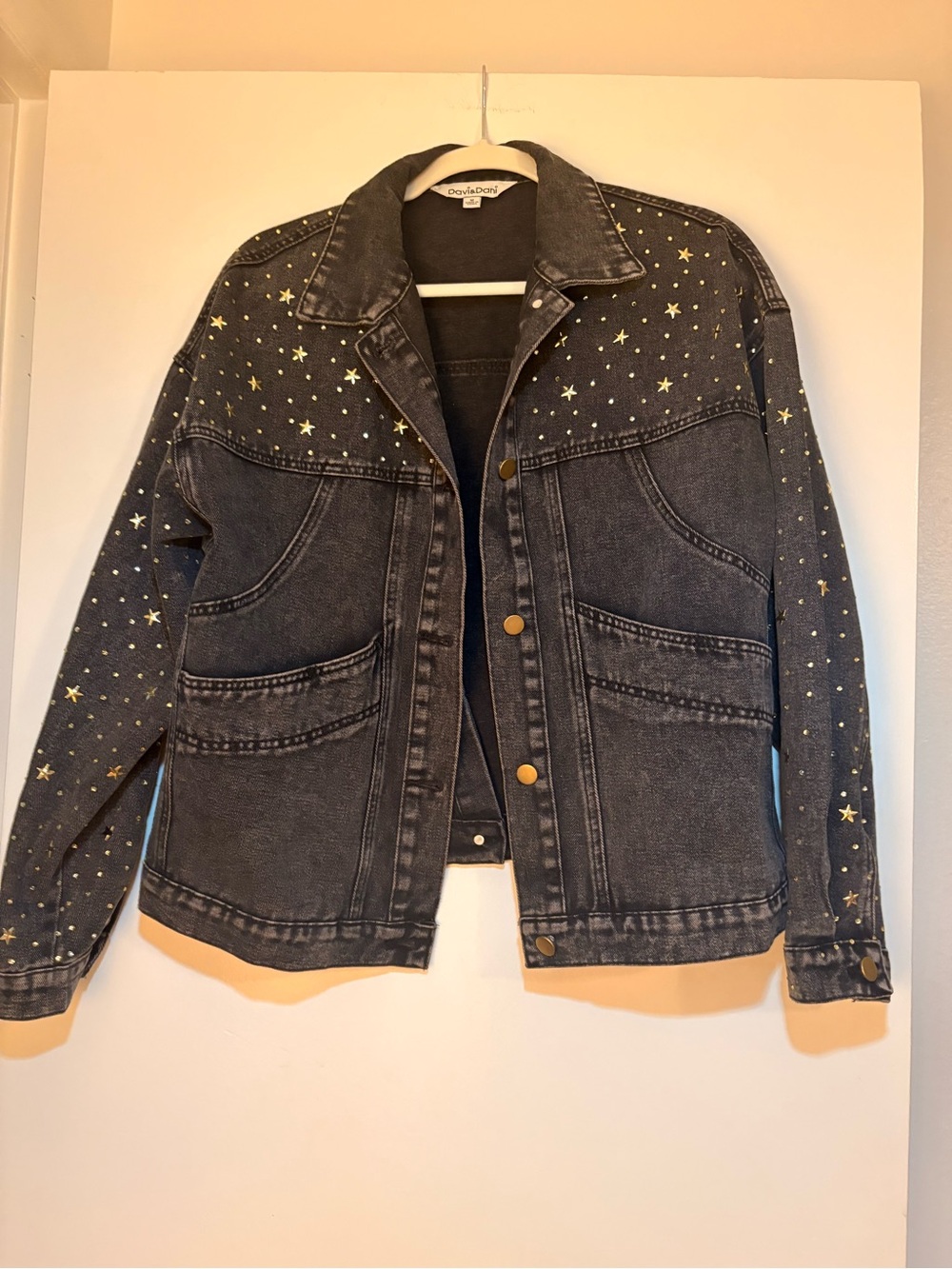 Star Print Washed Black Denim Jacket